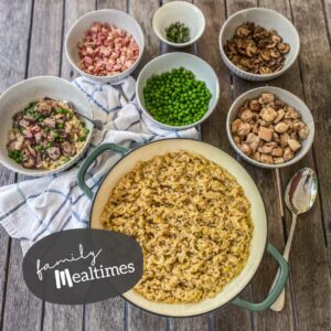 Chicken, bacon, mushroom, pea and thyme baked risotto